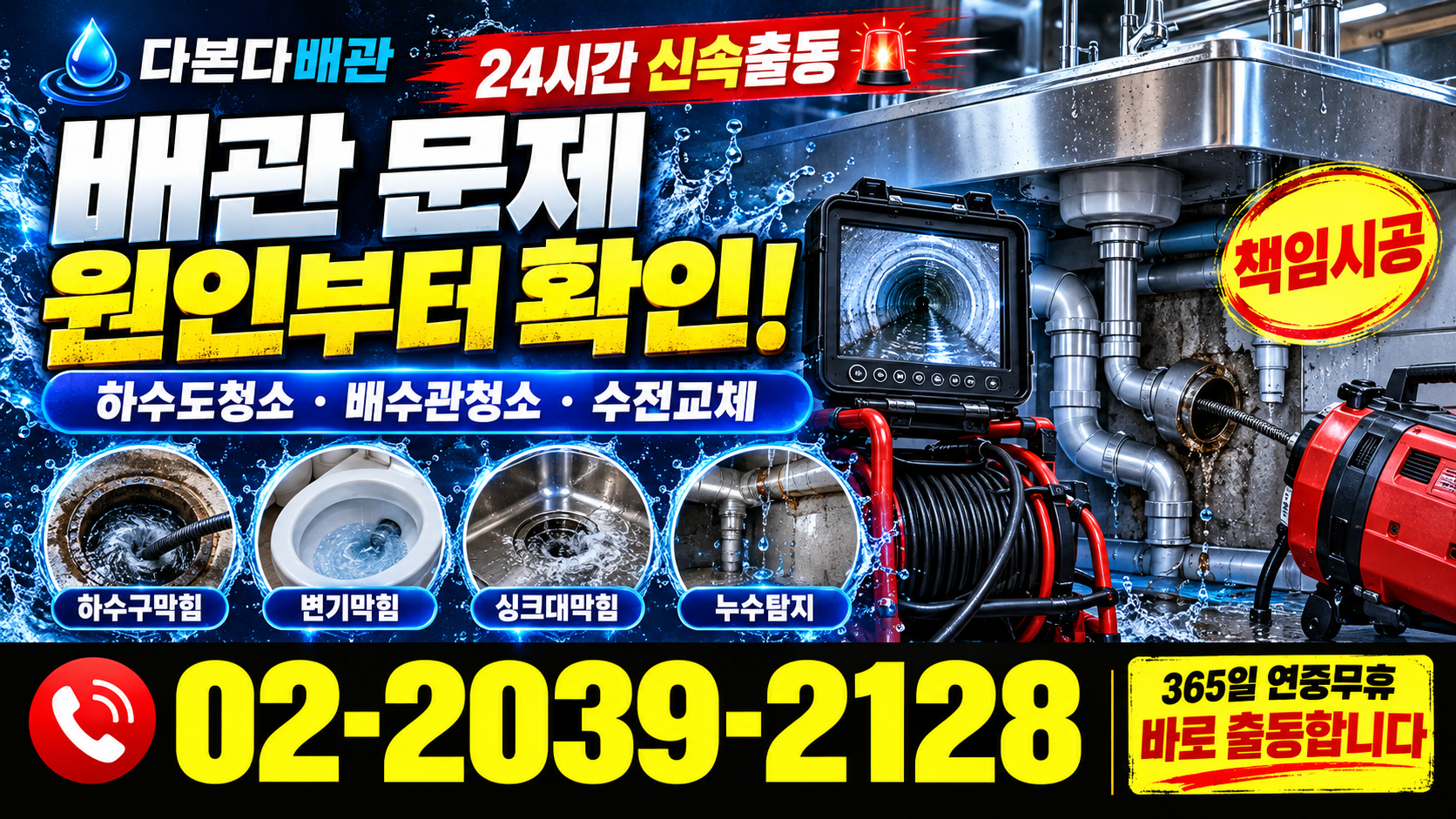 다본다배관. 배관 문제 원인부터 확인! 하수도청소·배수관청소·수전교체. 24시간 신속출동, 책임시공, 365일 연중무휴. 전화 상담 02-2039-2128